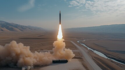 Aerial view of missile launch in desert landscape with clear sky