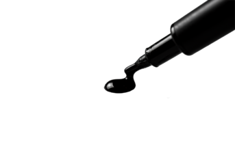 Extreme macro shot of velvety black ink elements on finely textured paper, an oozing bead and smudged scribble beside crisp lines under studio light, concept of artistic precision and materiality