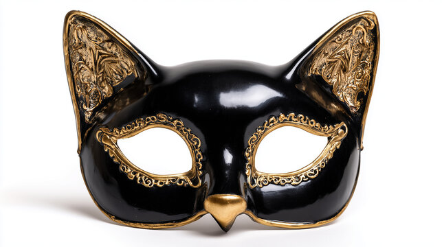 An ornate Venetian carnival mask with gold and black accents, symbolizing mystery and celebration, isolated on a white background