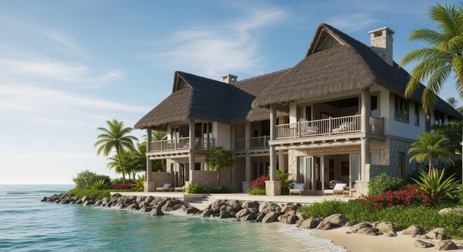 Stunning beachfront villa with tropical charm and ocean view offers luxurious island living and serene retreat getaway