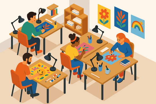 Diverse group of adults creating art in collaborative colorful workspace