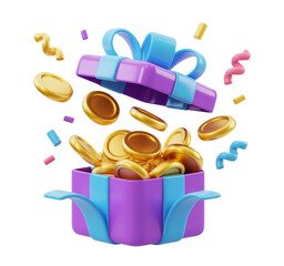 3d render icon cartoon gift box with gold coins isolated on transparent background