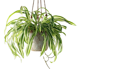 PNG of A vibrant green spider plant gracefully cascading from a textured hanging pot.