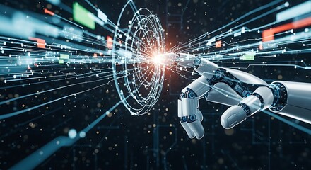 Robotic hand with digital data, and futuristic tech.