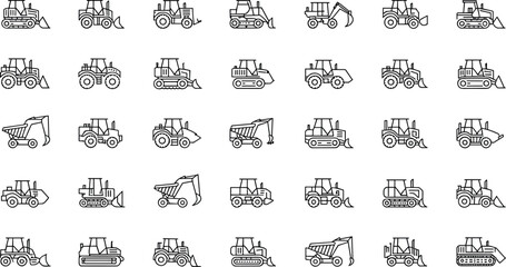 Outline icons of construction vehicles, bulldozers, tractors, excavators, dump trucks, industrial heavy machinery equipment, engineering transport symbols for building industry design