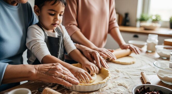 Multigenerational asian family baking together in a cozy kitchen for a fun bonding activity. concept of family tradition, teamwork, culinary fun.