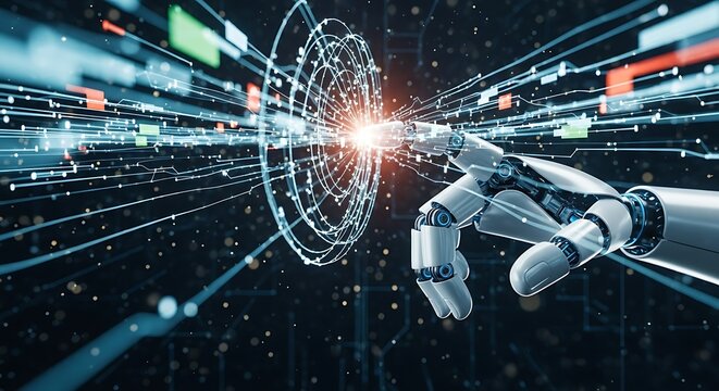 Robotic hand with digital data, and futuristic tech.