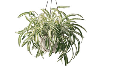 Fototapeta premium PNG of A lush, green hanging spider plant with striking striped leaves thrives in a modern pot, adding elegance to any space.