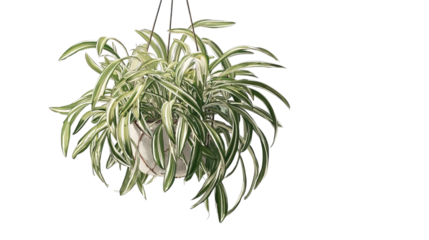PNG of A lush, green hanging spider plant with striking striped leaves thrives in a modern pot, adding elegance to any space.