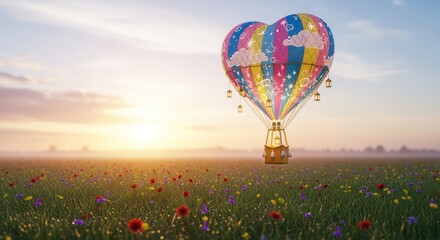Naklejka premium Whimsical heart shaped hot air balloon floats above vibrant wildflower field at sunrise for dreamy escape travel promotions