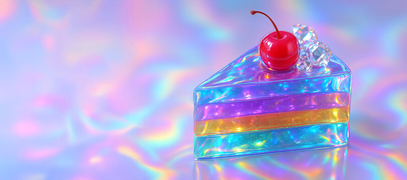 Iridescent jelly cake slice with cherry and crystals featuring holographic rainbow colors. concept of creative dessert, vibrant sweets, unique food art, banner, copy space