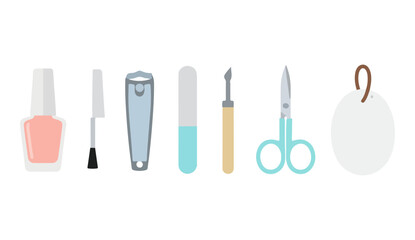 Manicure and pedicure tools : nail polish, clippers, file, and scissors.