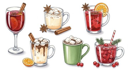 Illustrated set of winter christmas beverages on white background with mulled wine, hot chocolate, and festive cinnamon variations