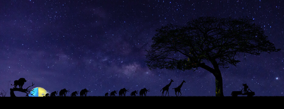 blue night sky milky way and star on dark background.Universe filled with stars, nebula and galaxy with noise and grain.with blur