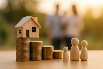 Wooden family figurines with stacked coins and miniature home symbolizing financial investment and stability for future planning and savings