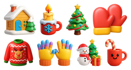 PNG Festive holiday 3D cartoon icons, element set on transparent background