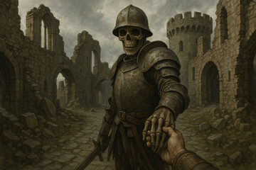 Fototapeta premium Mysterious skeleton knight in abandoned castle ruins in spooky illustrative style. concept of medieval fantasy, mysterious encounter, haunted fortress adventure