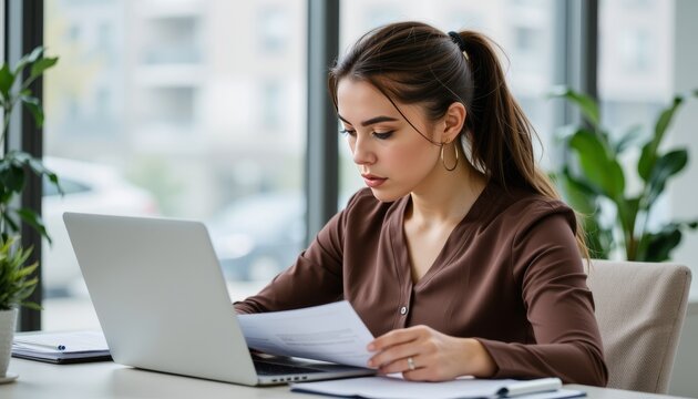 Focused young professional woman working intently in modern office document review bright environment close-up perspective