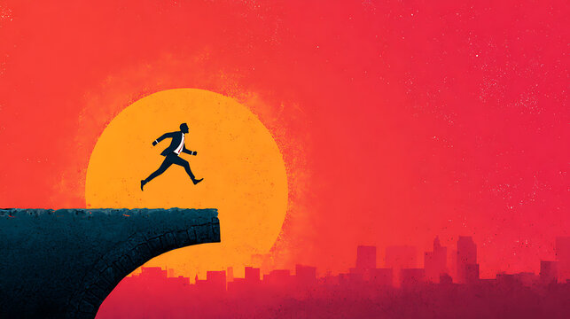 corporate motivation image: a person in a suit jumping off a cliff edge - Powered by Adobe