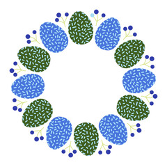 Colorful round pattern of decorative eggs and berries for spring celebrations and home decor