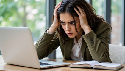 Overwhelmed businesswoman in stressful work environment home office emotional struggle natural light close-up perspective