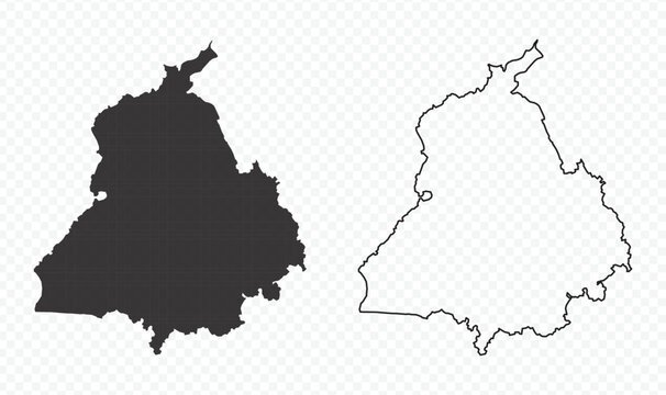 Punjab state map silhouette and outline vector illustration on transparent background