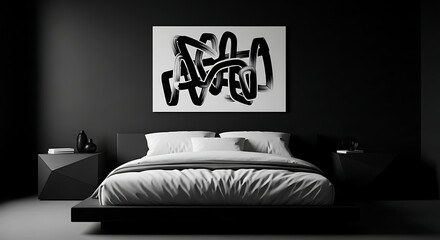 Minimalist Bedroom Interior with Abstract Art, Black and White Serenity.