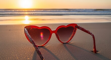 Heart sunglasses on beach at sunset convey love for summer travel and relaxation, embracing romantic getaway vibes