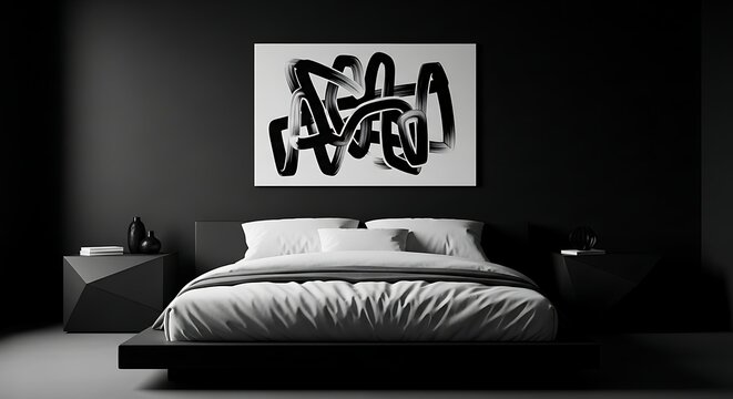 Minimalist Bedroom Interior with Abstract Art, Black and White Serenity. - Powered by Adobe