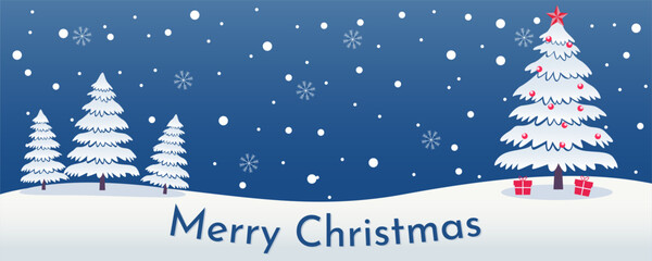 Christmas winter landscape with a tree and gifts in the forest. A beautiful Christmas tree with decorations and gifts in a winter forest. Vector illustration of a winter landscape.
