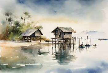 Serene watercolor painting of a fishing village on water.