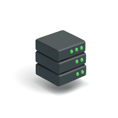3D black server icon on white background. For concepts of information storage, data, datacenter, technology, computers. Vector illustration.