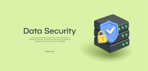 Modern banner, Data Security, 3D server with shield, lock on green background. Cyber security. Business and personal information. Vector illustration.