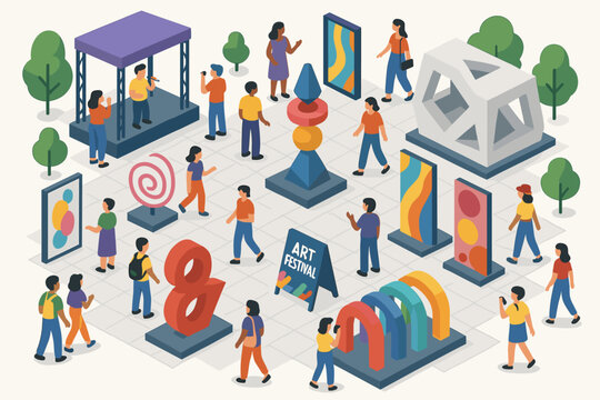 Isometric art festival with diverse people and colorful sculptures