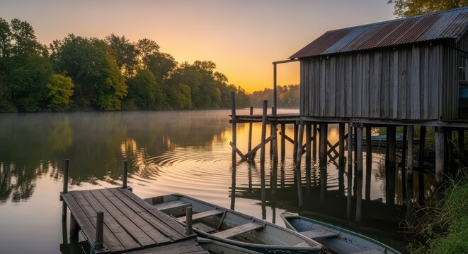 Calm lake house getaway at sunrise with rustic charm, serene water reflections, and tranquil landscape for peaceful escape
