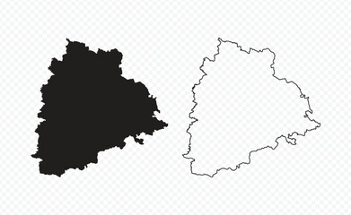 Telangana state map silhouette and outline vector illustration on transparent background