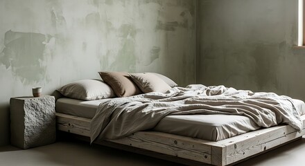 Rustic Minimalist Bedroom with Textured Walls and Natural Light.
