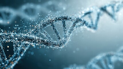 An artistic DNA double helix built from small glowing pixel fragments, like tiny squares of digital light. The pixels float in the air and converge into the DNA structure
