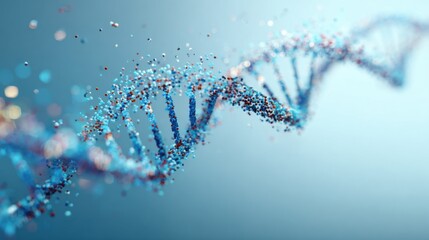 An artistic DNA double helix built from small glowing pixel fragments, like tiny squares of digital light. The pixels float in the air and converge into the DNA structure
