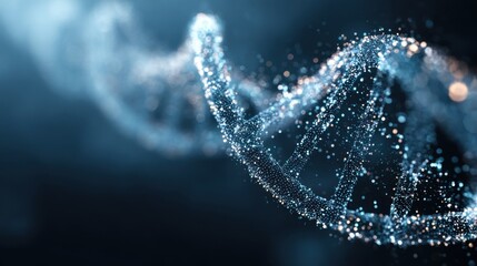 An artistic DNA double helix built from small glowing pixel fragments, like tiny squares of digital light. The pixels float in the air and converge into the DNA structure
