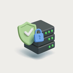 3D server, shield with check mark, lock. Simple icon on white background. For security and data protection concepts. Vector illustration.