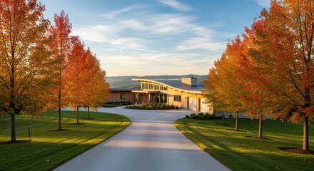 Fototapeta premium Stunning modern home nestled in vibrant autumn landscape with colorful trees and scenic mountain views at golden hour