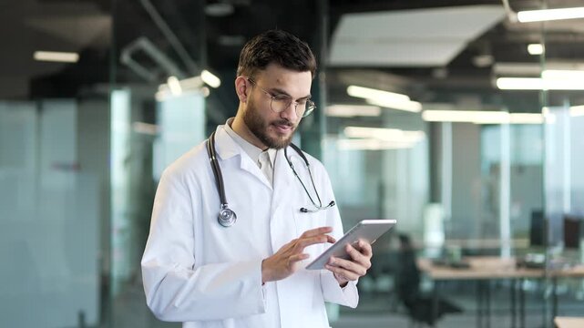 Portrait of serious handsome doctor in white coat working on digital tablet standing in modern hospital clinic looking at camera. Confident young focused medical worker physician in glasses in office