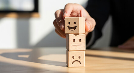 Hand stacking wooden blocks with happy, neutral, and sad faces symbolizing customer satisfaction and emotional feedback concept
