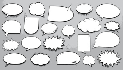 Collection of various white speech bubbles with black outlines and grunge background for design
