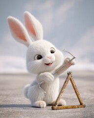 A cartoon bunny tapping a triangle instrument with a metal stick, joyful and clean setting
