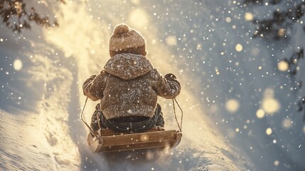 Child enjoying winter fun on a sled in snowy landscape  