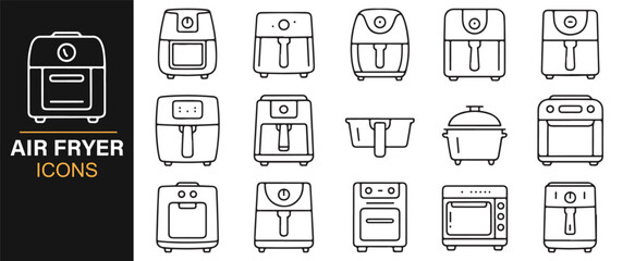 Modern air fryer and oven icons for food and culinary vector design.