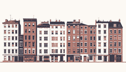 Fototapeta premium Illustration featuring a series of townhouses in various styles, depicted in earthy tones