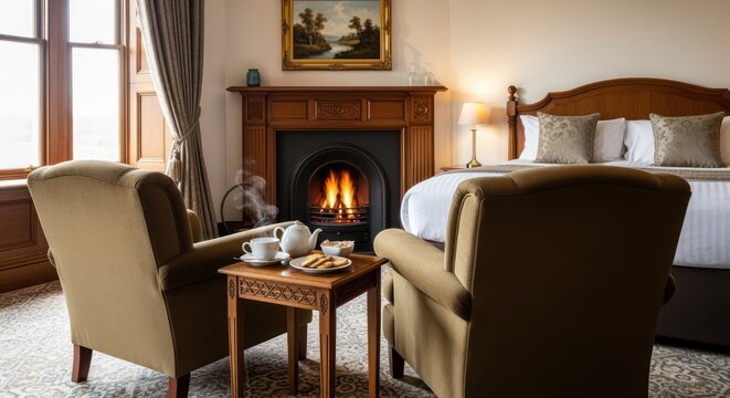 Cozy suite with fireplace invites relaxation and comfort, perfect for travel blogs and luxury hotel promotions